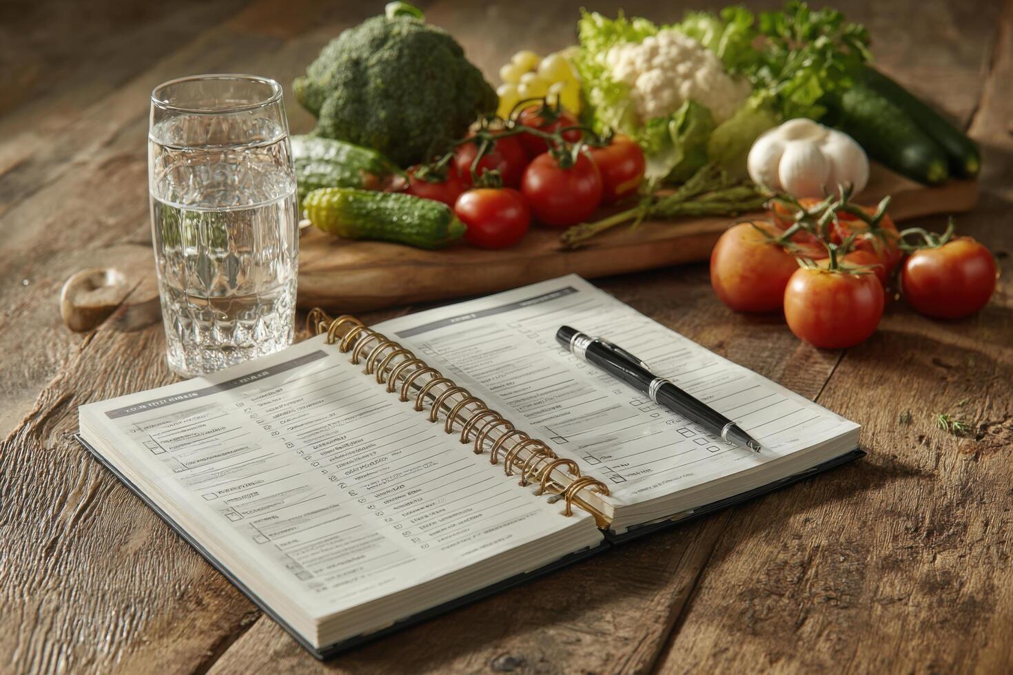 Notebook with handwritten hydration goals and a pen on a wooden desk